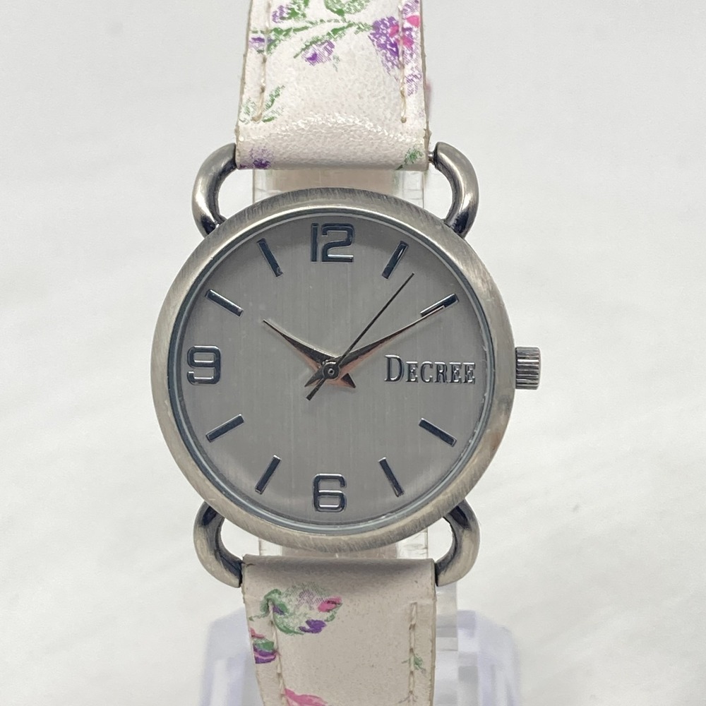 Decree Womens Watch 30mm Silver Tone Gunmetal Floral Spring New Battery 8.5"